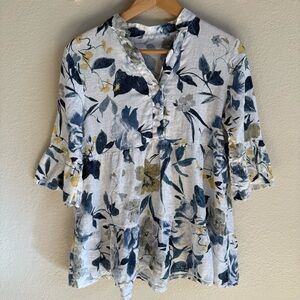 Valentina Naldi Floral Linen Bell Sleeve Top Size S